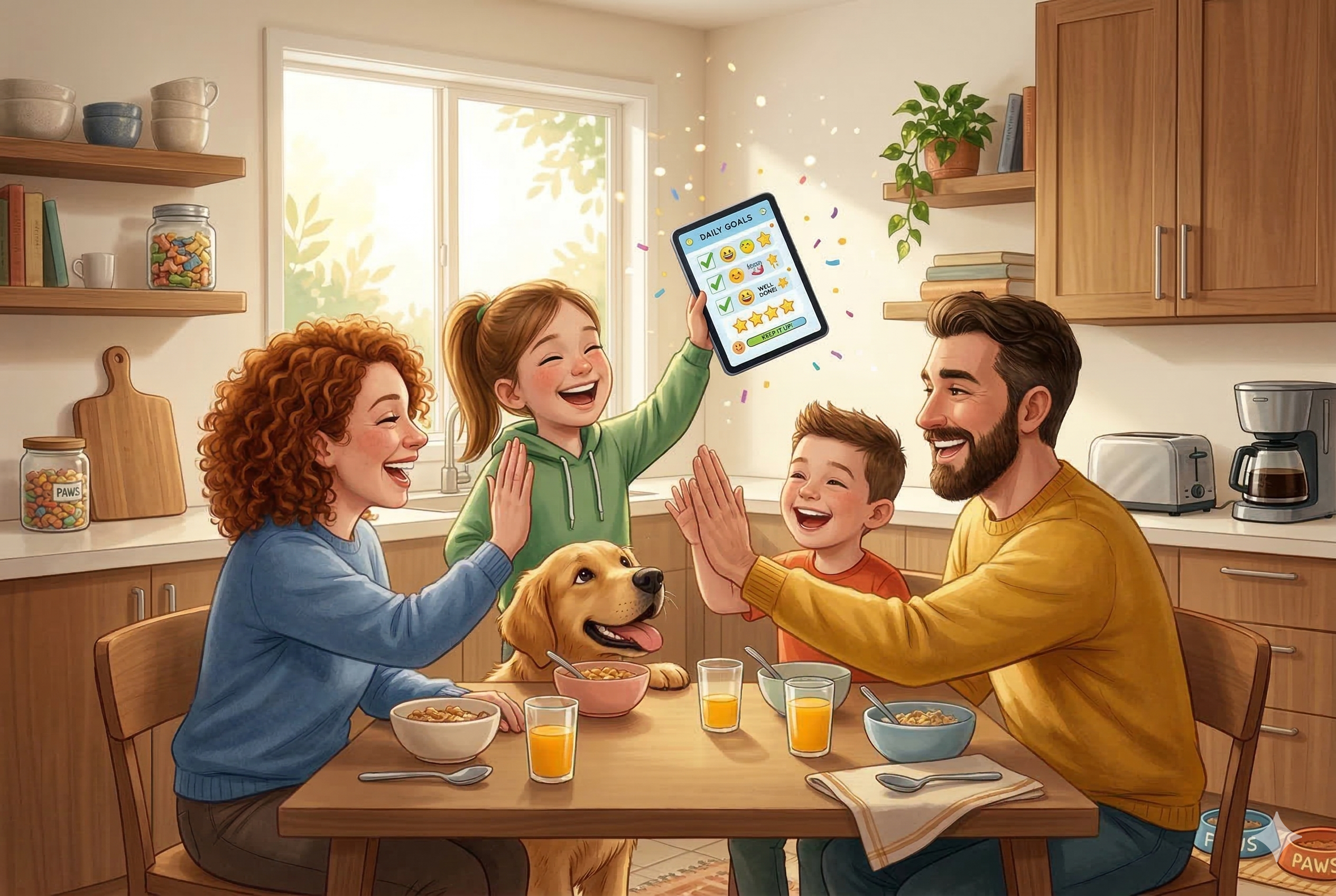 Happy family celebrating completed tasks together at the kitchen table